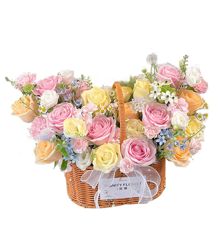 感恩有您-香槟粉色玫瑰混搭花篮