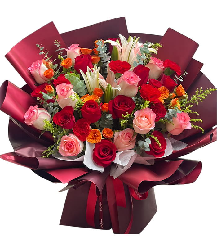 花样年华-粉玫瑰红玫瑰红康百合花束