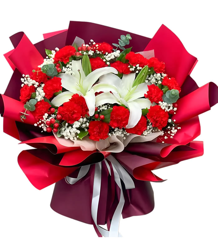 美好祝福-红色康乃馨白百合花束