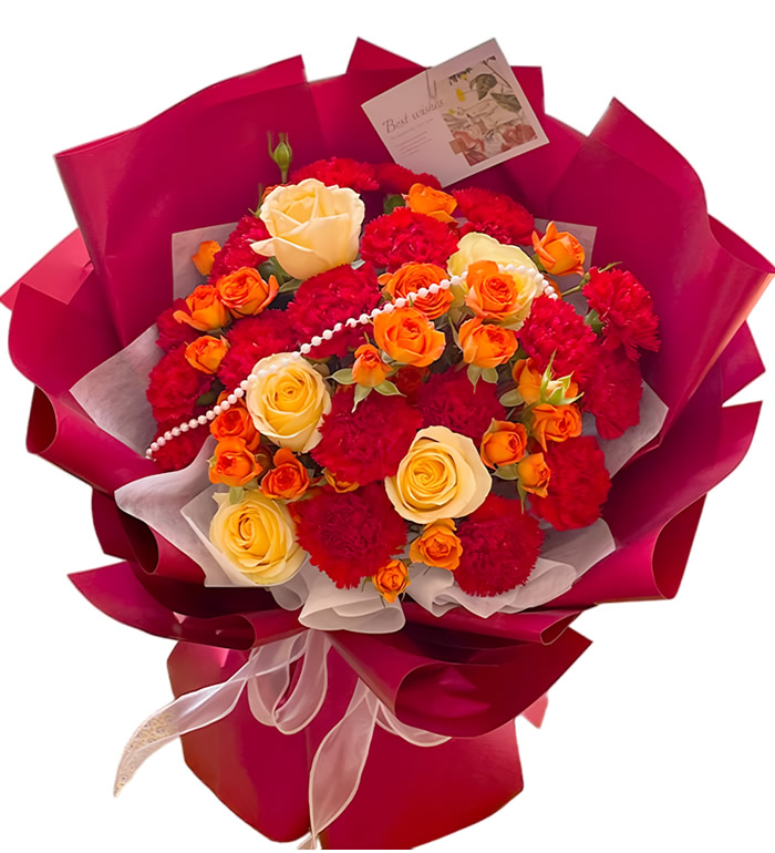 妈妈，我爱您-红色康乃馨香槟玫瑰花束