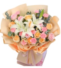 貌美如花 - 各色玫瑰康乃馨百合花束