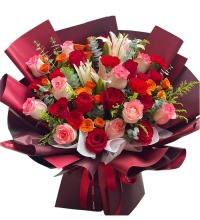花样年华 - 粉玫瑰红玫瑰红康百合花束