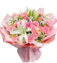爱意绽放 - 粉康粉玫瑰百合花束